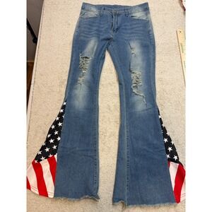 American Flag Flare Jeans Distressed Bell Bottom Denim Blue Patriotic 30x31
